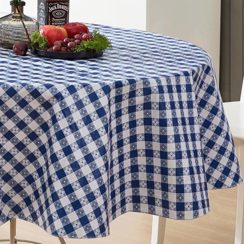 Newbridge 70 Inch Round Vinyl Tablecloth with Flannel Backing, Bistro Tavern Check, CafÃ© Checkered Indoor Outdoor Vinyl Table Cover for Picnic, Barbecue and Patio Dining, Blue - Image 5